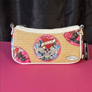 Ed Hardy Pink Tattoo Print Shoulder Bag NWT Y2K Skull Heart Purse Vegan Leather